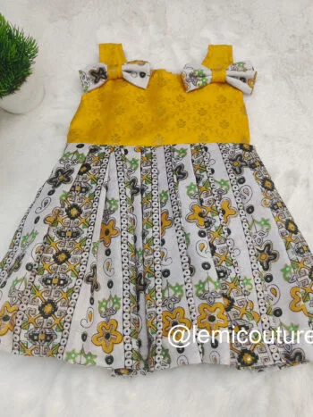 LM6281 Adorable Yellow Brocade and Cotton Frock with shoulder bows