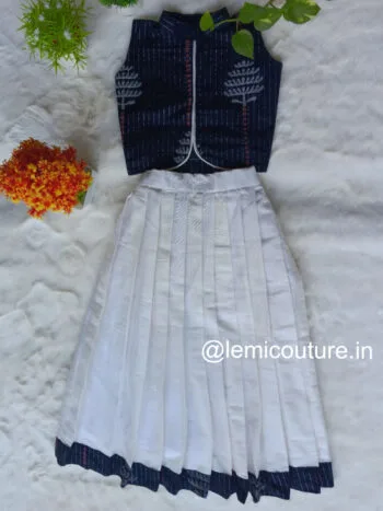 Navy Blue and White Cotton Lurex Print Top and Skirt Model LM6279 flat lay view