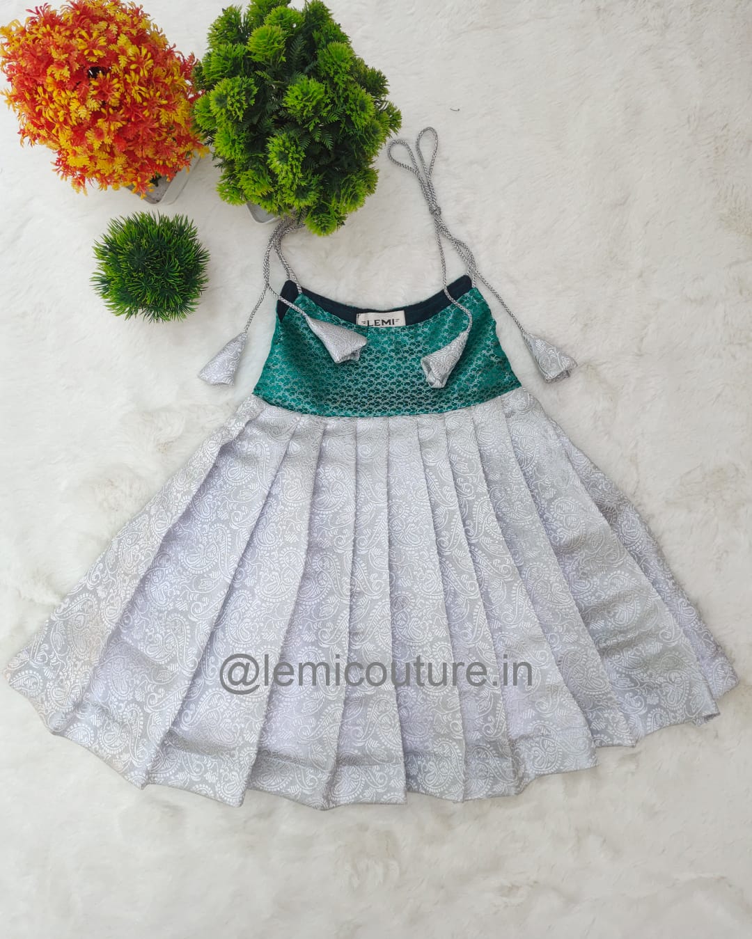 Lemi Insta Photo 1080 x1349px copy1 LM6283 Stunning Green and Silver Brocade Frock with shoulder tassels