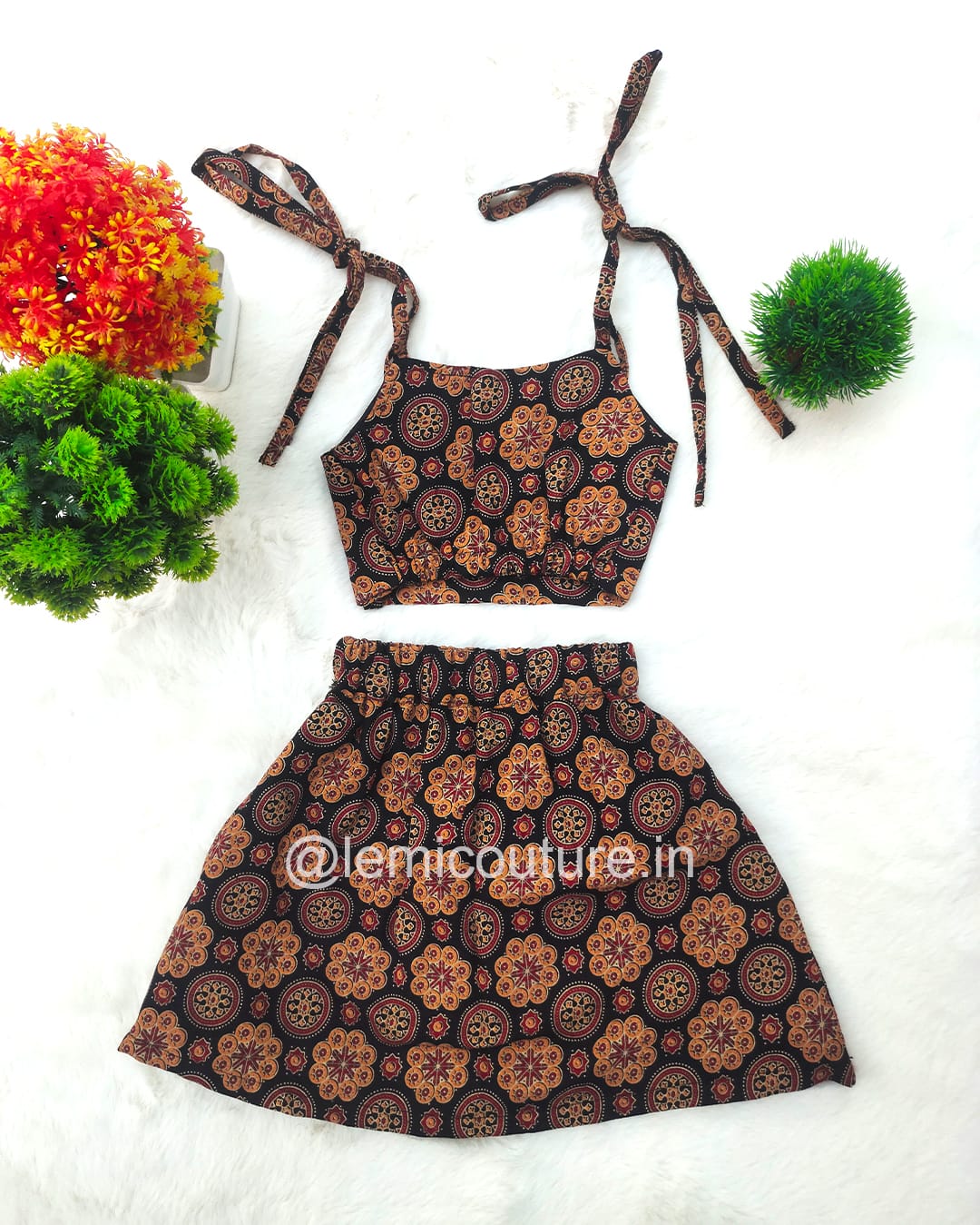 Lemi Photo LM6282 Stylish Ajrakh Cotton Top and Skirt with tie-up detail