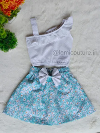 LM6285 White One Shoulder Cotton Top and Skirt flat lay view