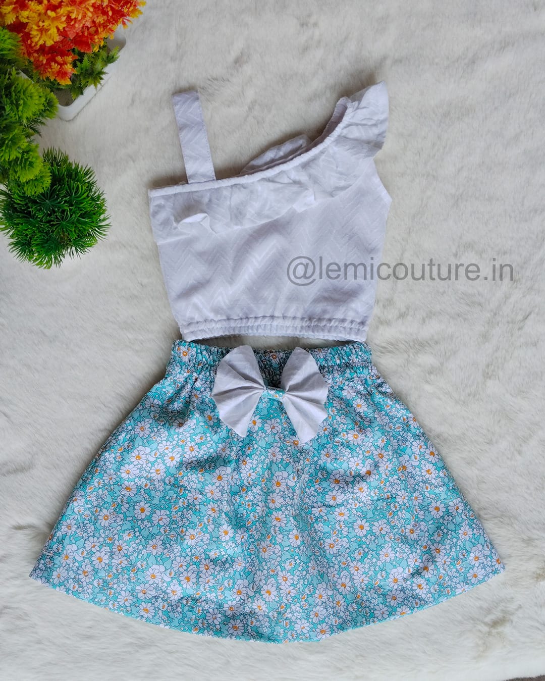 LM6285 (1) LM6285 White One Shoulder Cotton Top and Skirt flat lay view