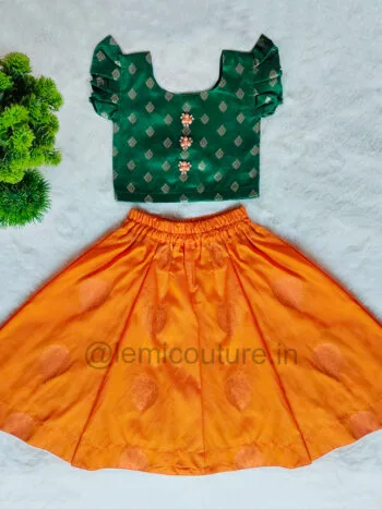 LM6286 Bottle Green Brocade Top and Orange Silk Skirt Set with back flower detail Green and Orange Silk Skirt Set