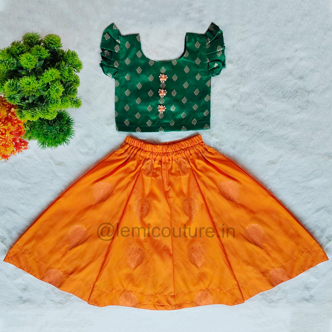 LM6286 (1) LM6286 Bottle Green Brocade Top and Orange Silk Skirt Set with back flower detail Green and Orange Silk Skirt Set
