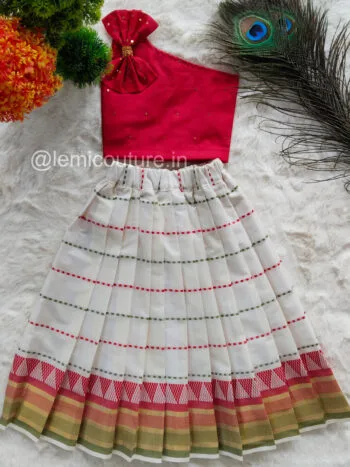 LM6289 Red One Shoulder Silk Top and Kerala Cotton Skirt flat lay