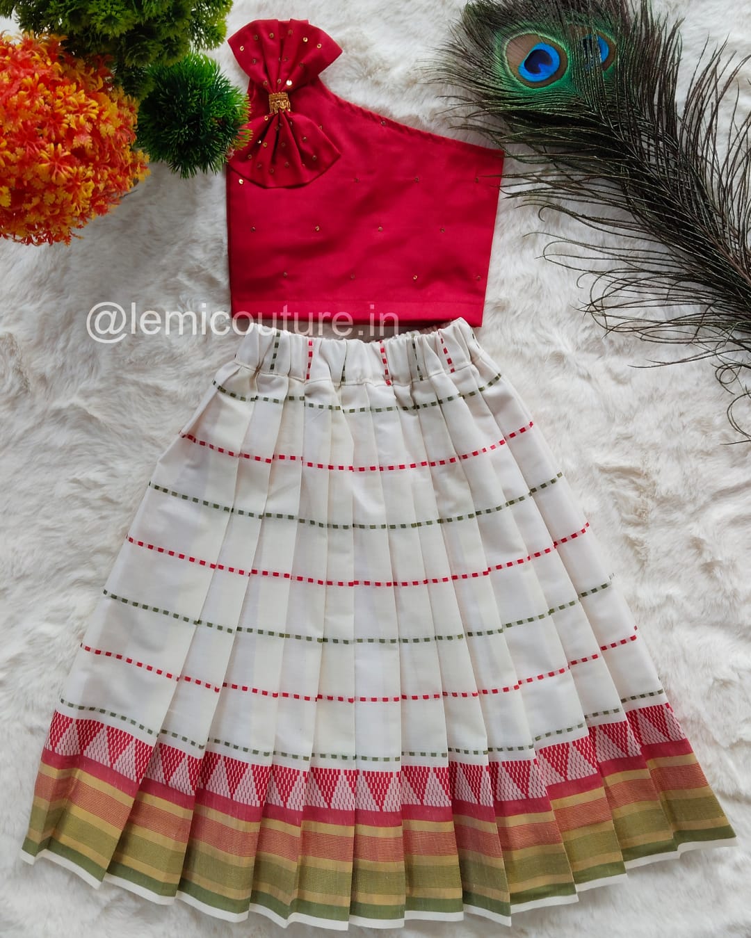 LM6289 (1) LM6289 Red One Shoulder Silk Top and Kerala Cotton Skirt flat lay