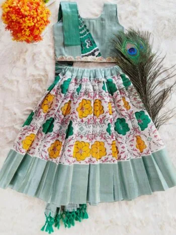 LM6290 Sea Green Kerala Tissue Dhavani Set with floral print