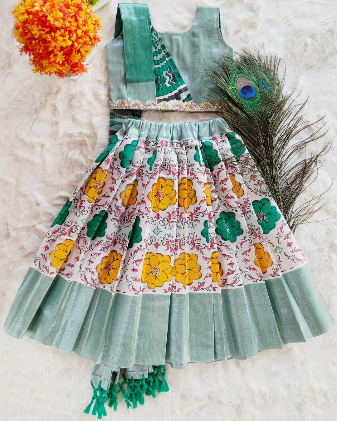 LM6290 (1) LM6290 Sea Green Kerala Tissue Dhavani Set with floral print