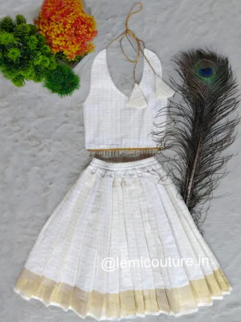 LM6293 White Kerala Cotton Skirt and Top with golden checks and tie-up