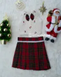 LM6294 Christmas Tartan Skirt and Top with cherry print and bow tie