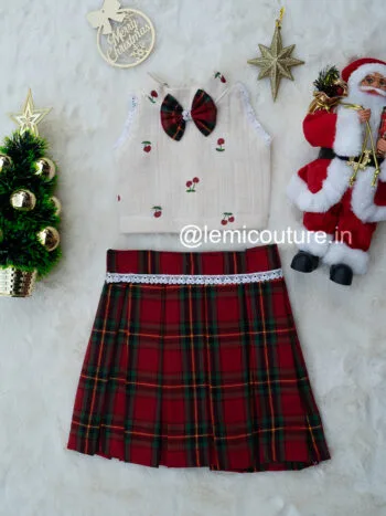 LM6294 Christmas Tartan Skirt and Top with cherry print and bow tie