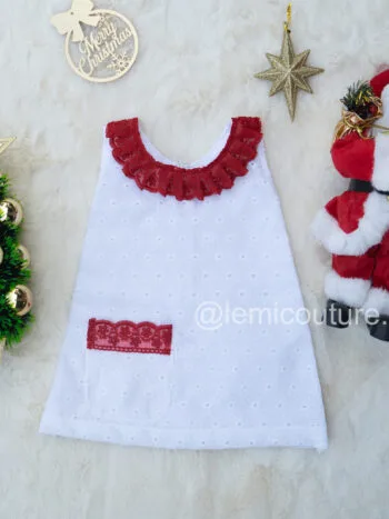 LM6295 White Christmas Hakoba Frock with red ruffles and pocket