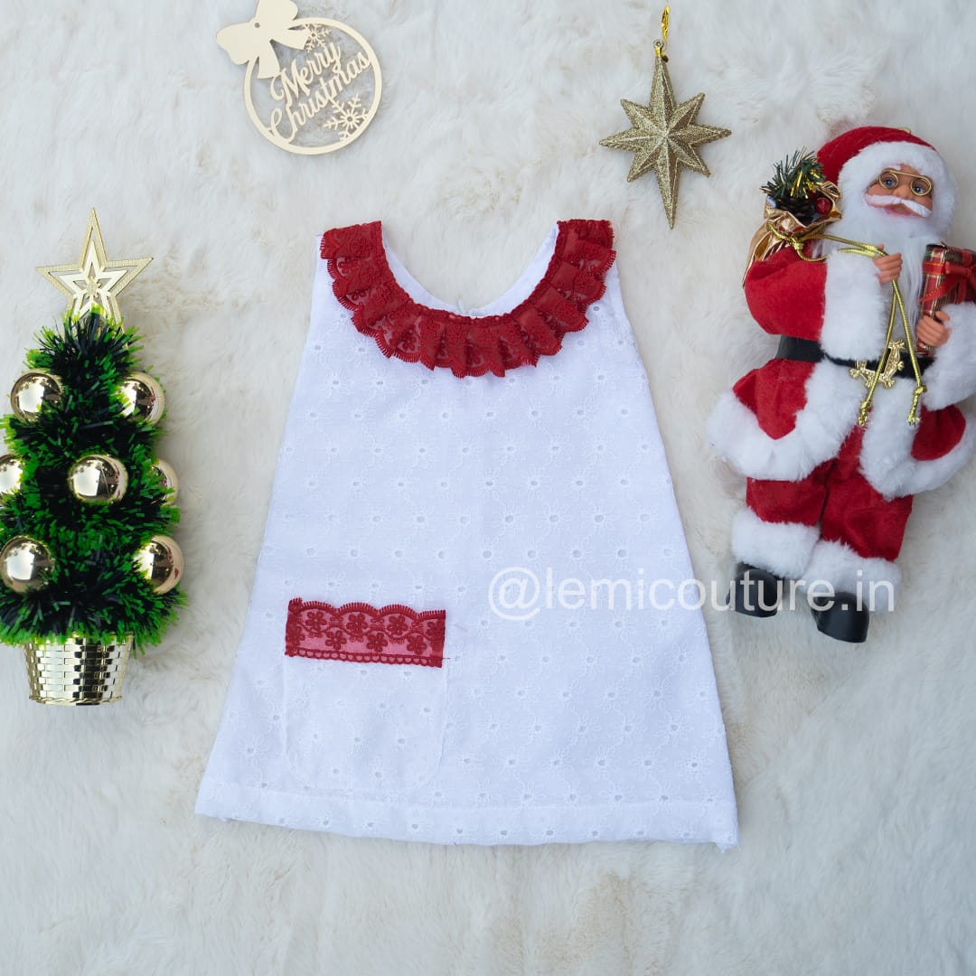 LM6295 (1) LM6295 White Christmas Hakoba Frock with red ruffles and pocket