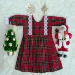 LM6296 Red Tartan Yoke Frock with lace cuffs and V-back