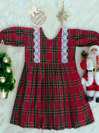 LM6296 Red Tartan Yoke Frock with lace cuffs and V-back